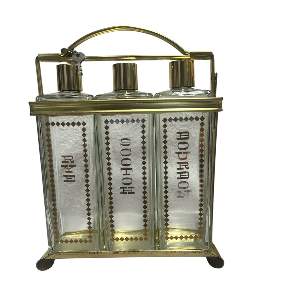 Vintage Brass Locking Liquor Caddy Set with Rye Scotch Bourbon Glass Bottles B18